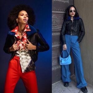 VEDA Lamb Leather Faux Fur Collar Slim Fit Cropped Moto Biker Bomber Jacket L